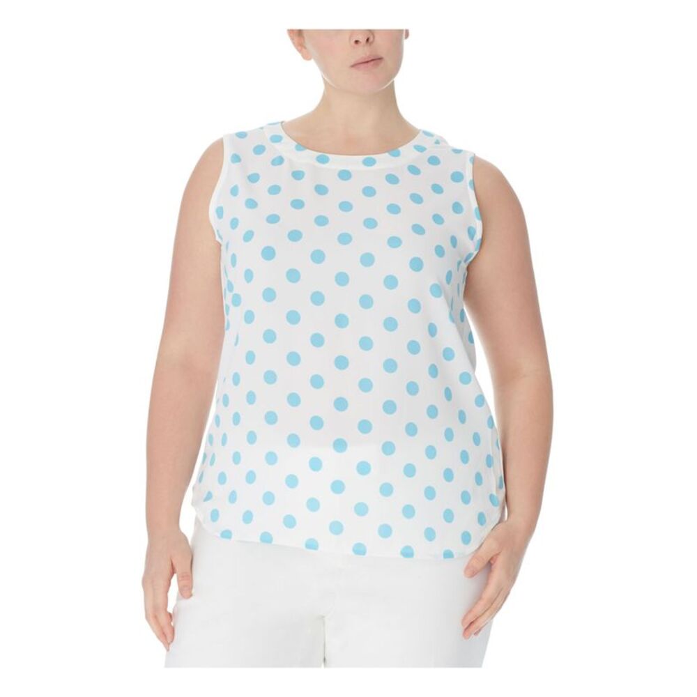 ANNE KLEIN Womens White Polka Dot Sleeveless Crew Neck Top Plus 0X